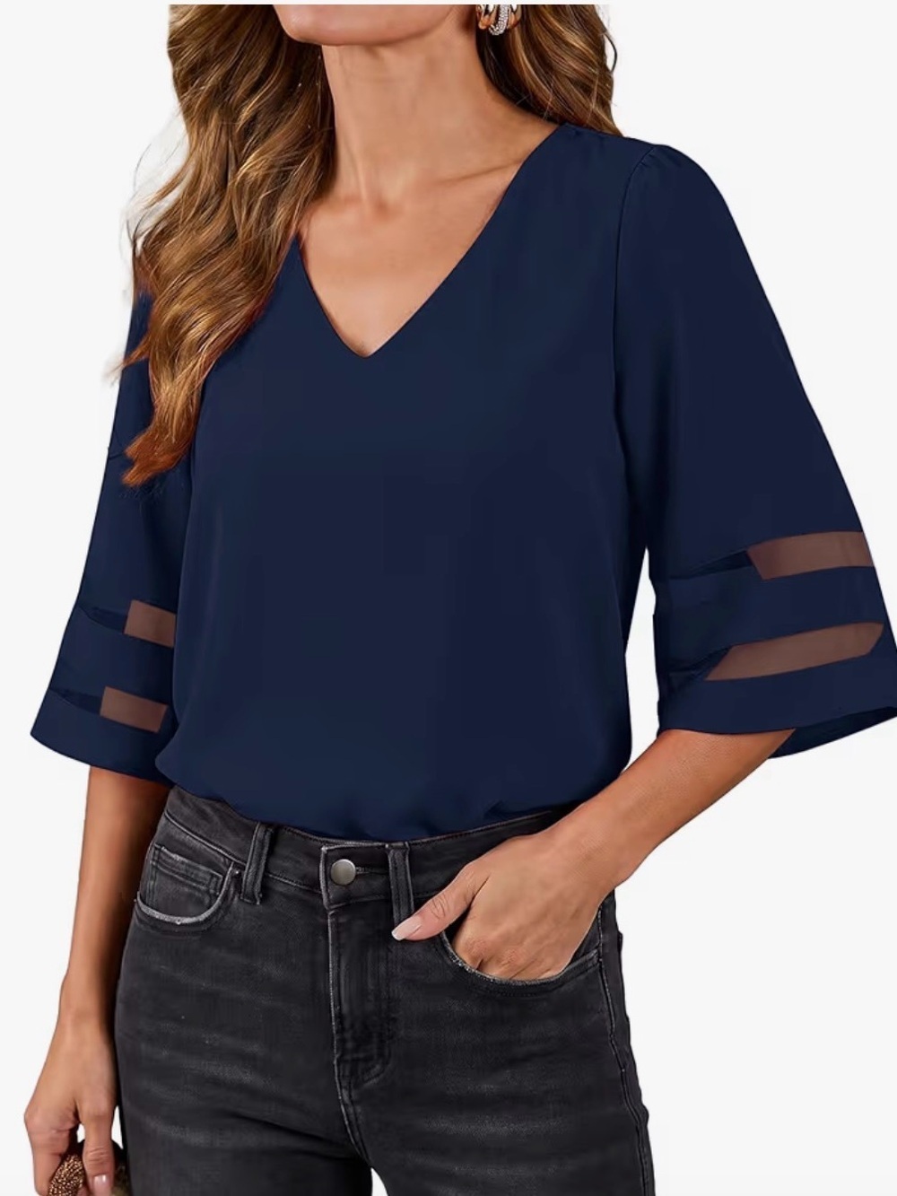 LookbookStore | Navy Blue V Neck Wide Sleeve Blouse Top | Size XL